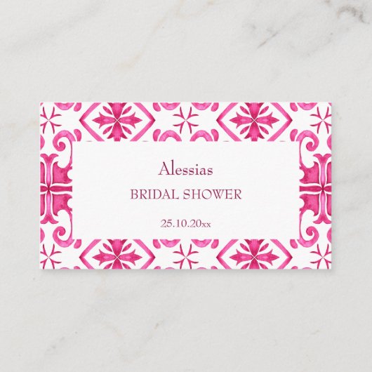 Fuchsia Majolica magenta tiles Brautparty Platzkarte (Rückseite)