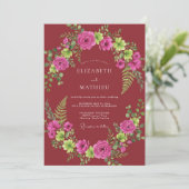 Fuchsia-Malven-Farn-Hochzeit Einladung (Stehend Vorderseite)