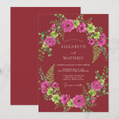 Fuchsia-Malven-Farn-Hochzeit Einladung (Vorne/Hinten)