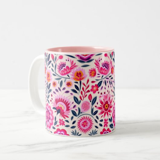 Fuchsia Mexikanische Blume Muster Vibrannt Zweifarbige Tasse (Vorderseite Links)