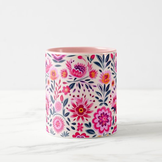 Fuchsia Mexikanische Blume Muster Vibrannt Zweifarbige Tasse (Mittel)