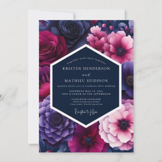 Fuchsia Midnight Bloom Wedding Einladung (Vorderseite)