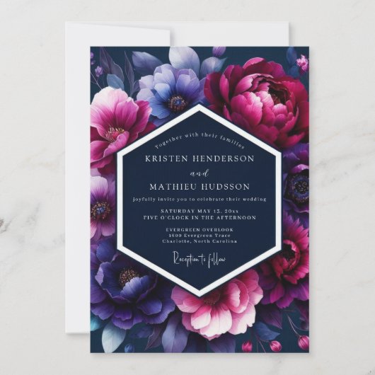Fuchsia-Midnight-Flora-Hochzeit Einladung (Vorderseite)