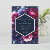 Fuchsia-Midnight-Flora-Hochzeit Einladung (Stehend Vorderseite)