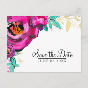 Fuchsia Moderne Florale Wasserfarbe 'Save the Date Ankündigungspostkarte
