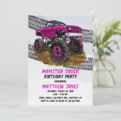 Fuchsia Monster Truck Birthday Party Einladung (Stehend Vorderseite)