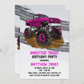 Fuchsia Monster Truck Birthday Party Einladung (Vorne/Hinten)