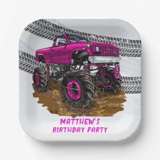 Fuchsia Monster Truck Boy Birthday Party Pappteller (Vorderseite)