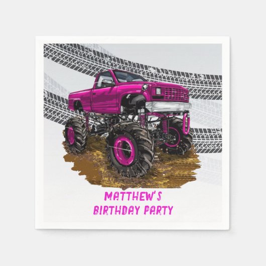 Fuchsia Monster Truck Boy Birthday Party Serviette (Vorderseite)
