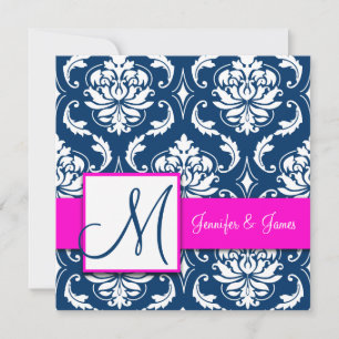 Fuchsia Navy Blau Damast Monogramm-Einladung Einladung