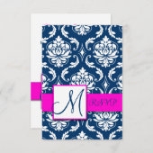 Fuchsia Navy Blue Damask Monogram RSVP Card (Vorne/Hinten)