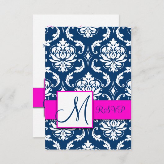 Fuchsia Navy Blue Damask Monogram RSVP Card (Vorne/Hinten)