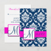 Fuchsia Navy Blue Damask Monogram RSVP Card Karte (Vorne/Hinten)