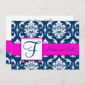 Fuchsia Navy Blue Damask Save the Date Karte (Vorne/Hinten)