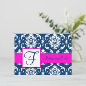 Fuchsia Navy Blue Damask Save the Date Karte (Stehend Vorderseite)