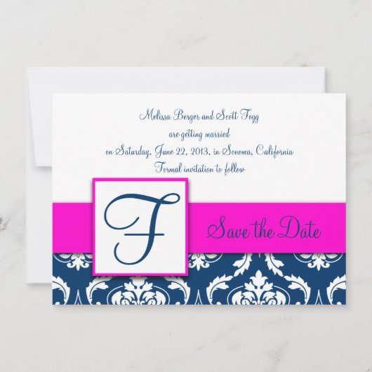 Fuchsia Navy Blue Damask Save the Date Karte (Rückseite)
