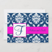 Fuchsia Navy Blue Damask Save the Date Karte (Vorderseite)