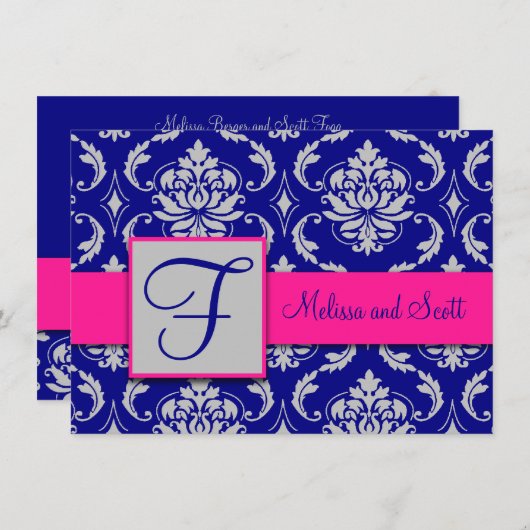 Fuchsia Navy Blue Silver Damask Save the Date 1B Einladung (Vorne/Hinten)