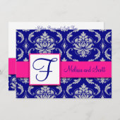 Fuchsia Navy Blue Silver Damask Save the Date 4A Einladung (Vorne/Hinten)