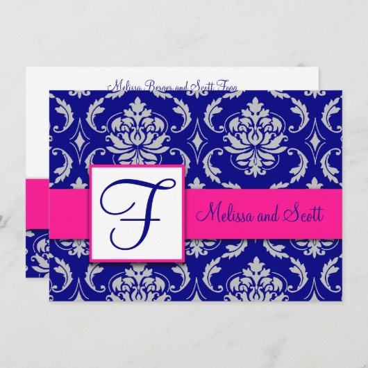 Fuchsia Navy Blue Silver Damask Save the Date 4A Einladung (Vorne/Hinten)