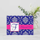 Fuchsia Navy Blue Silver Damask Save the Date 4A Einladung (Stehend Vorderseite)