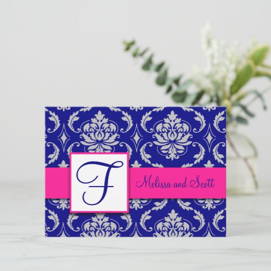 Fuchsia Navy Blue Silver Damask Save the Date 4A Einladung (Stehend Vorderseite)