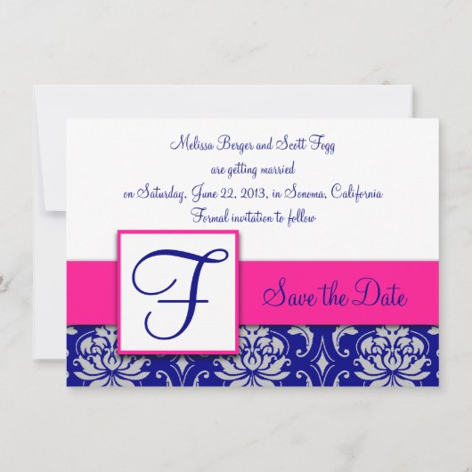 Fuchsia Navy Blue Silver Damask Save the Date 4A Einladung (Rückseite)