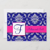Fuchsia Navy Blue Silver Damask Save the Date 4A Einladung (Vorderseite)