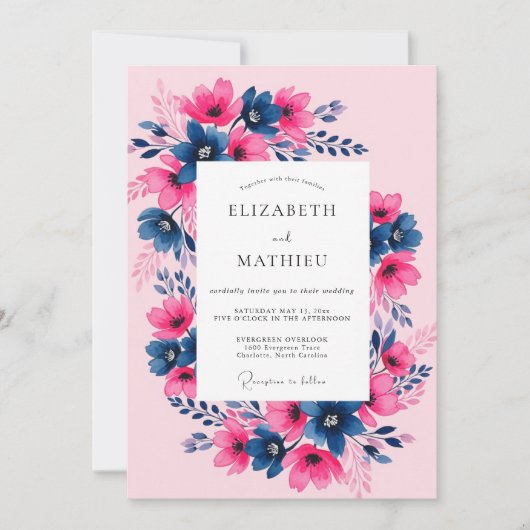 Fuchsia Navy Painterly Spring Wedding Einladung (Vorderseite)