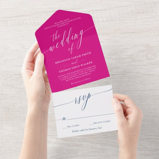 Fuchsia Navy White Delicate Calligraphy Wedding All In One Einladung (Abreißen)