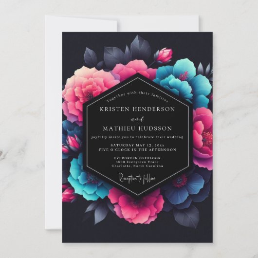 Fuchsia Neon Blütenhochzeit Einladung (Vorderseite)