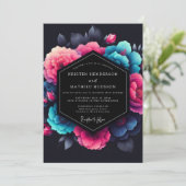 Fuchsia Neon Blütenhochzeit Einladung (Stehend Vorderseite)