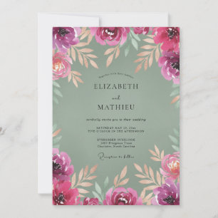 Fuchsia Oliven Bemalte Hochzeit Einladung