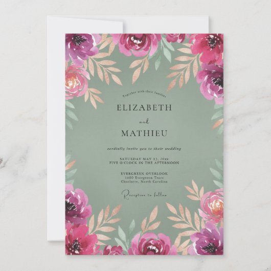Fuchsia Oliven Bemalte Hochzeit Einladung (Vorderseite)