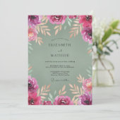 Fuchsia Oliven Bemalte Hochzeit Einladung (Stehend Vorderseite)