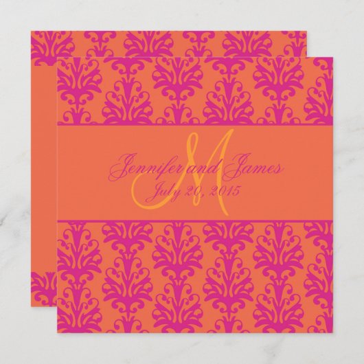 Fuchsia Orange Damask Platz für Hochzeit Einladung (Vorne/Hinten)