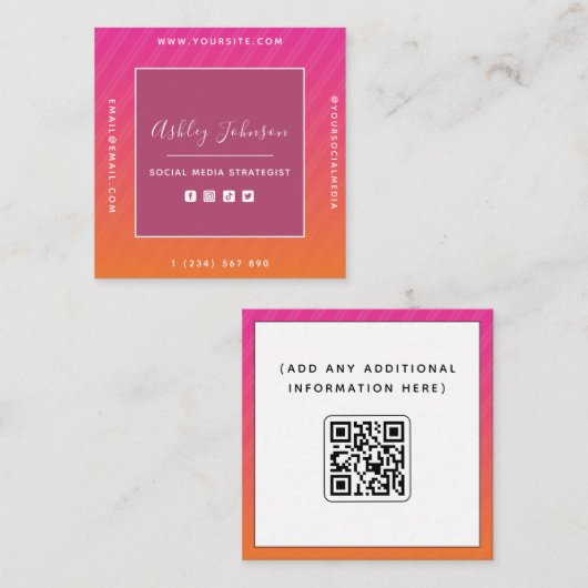 Fuchsia & Orange Ombre Social Media QR Code Modern Quadratische Visitenkarte (Vorne/Hinten)
