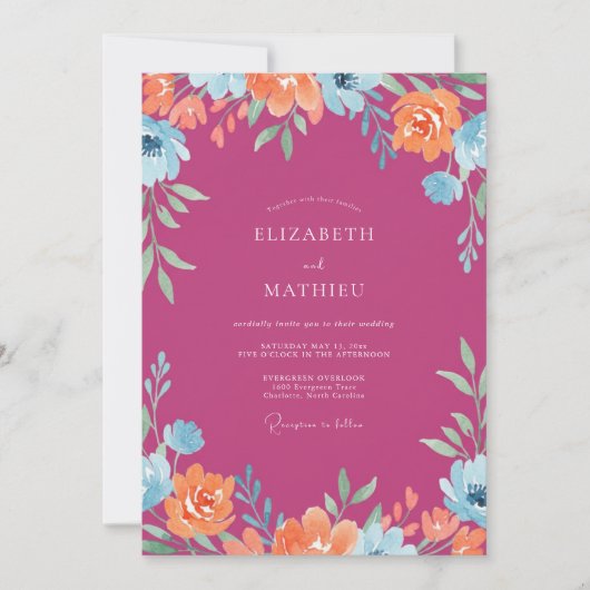 Fuchsia Orange Wildblumen-Hochzeit Einladung (Vorderseite)