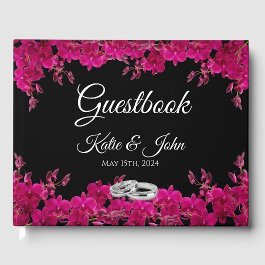 Fuchsia Orchians auf schwarz-schwarz-weißem Grund Gästebuch (Vorderseite)