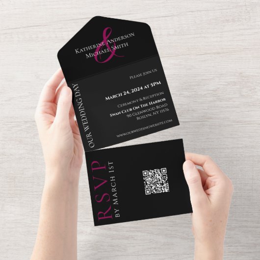 Fuchsia Orchid Wedding-QR-Code- All In One Einladung (Abreißen)
