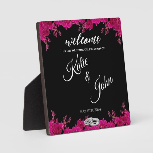 Fuchsia Orchids auf Black-Wedding-Table-Sign- Fotoplatte (Vorderseite)