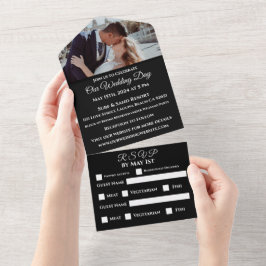 Fuchsia Orchids auf dem Schwarzen Foto Hochzeit- All In One Einladung