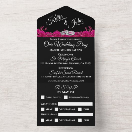 Fuchsia Orchids on Black-Wedding- All In One Einladung (Innen Boden)