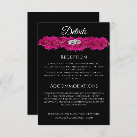 Fuchsia Orchids on Black-Wedding Begleitkarte (Vorne/Hinten)