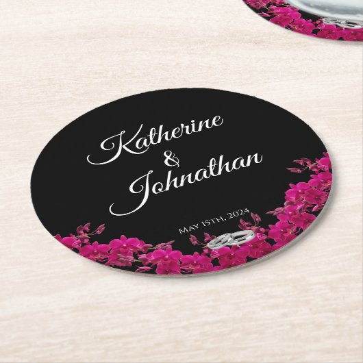 Fuchsia Orchids on Black-Wedding- Runder Pappuntersetzer (Angewinkelt)