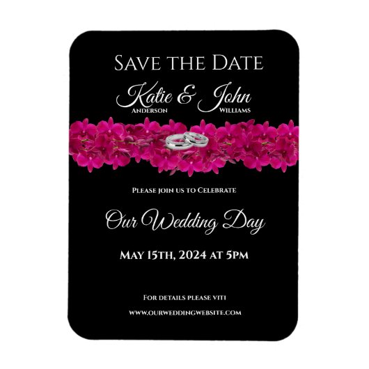 Fuchsia Orchids on Black- Wedding Save the Date- Magnet (Vertikal)