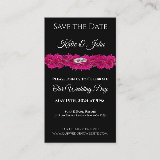 Fuchsia Orchids on Black- Wedding Save the Date- Visitenkarte (Vorderseite)