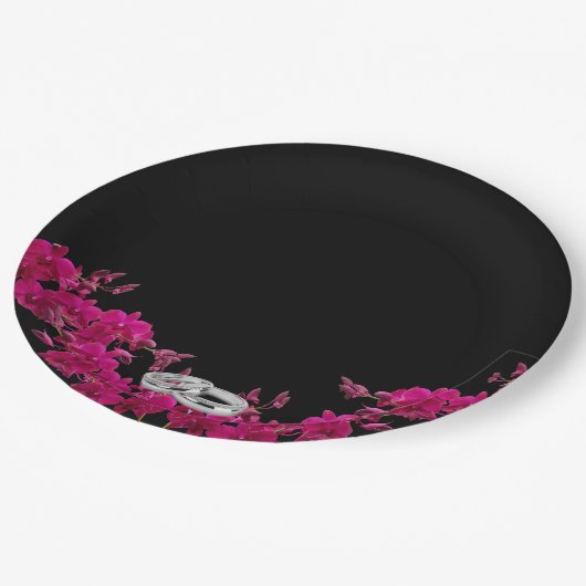 Fuchsia Orchids on Black-Wedding Tellers-Rings- Pappteller (Schrägansicht)