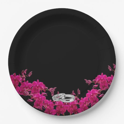 Fuchsia Orchids on Black-Wedding Tellers-Rings- Pappteller (Vorderseite)