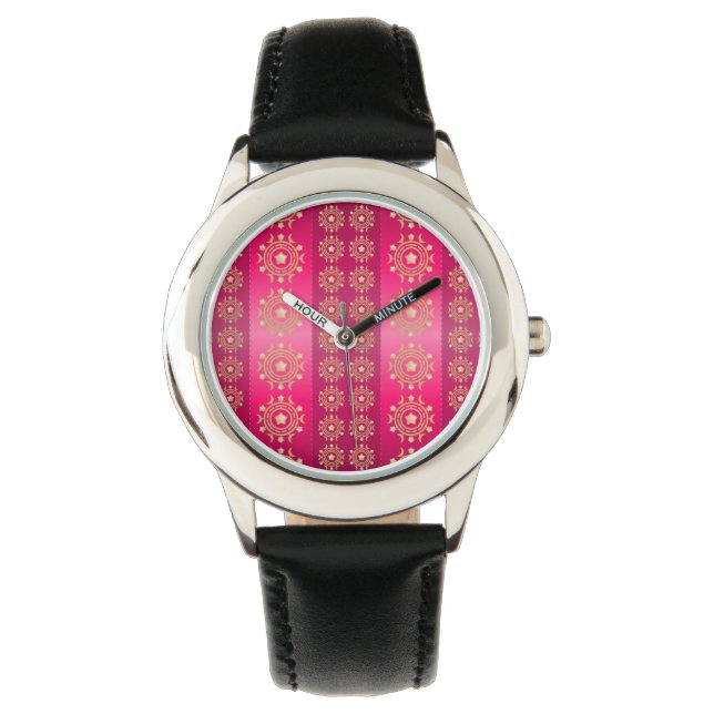 Fuchsia Oriental Mandala Pattern Armbanduhr (Vorderseite)